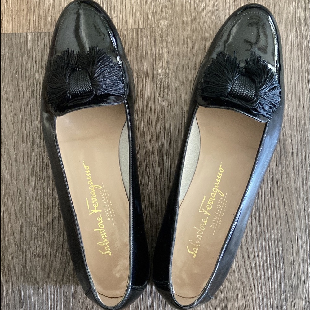 Salvatore Ferragamo Black Patent Flats size 7 us.